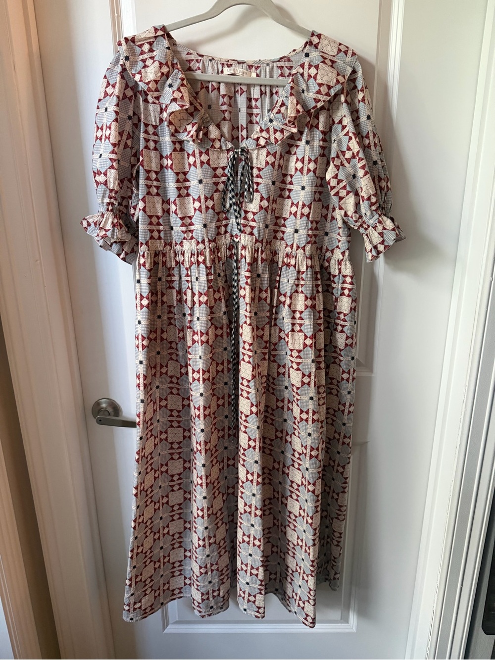 Christy Dawn Cream and Rust Geometric Ruffle-Neck Midi Dress